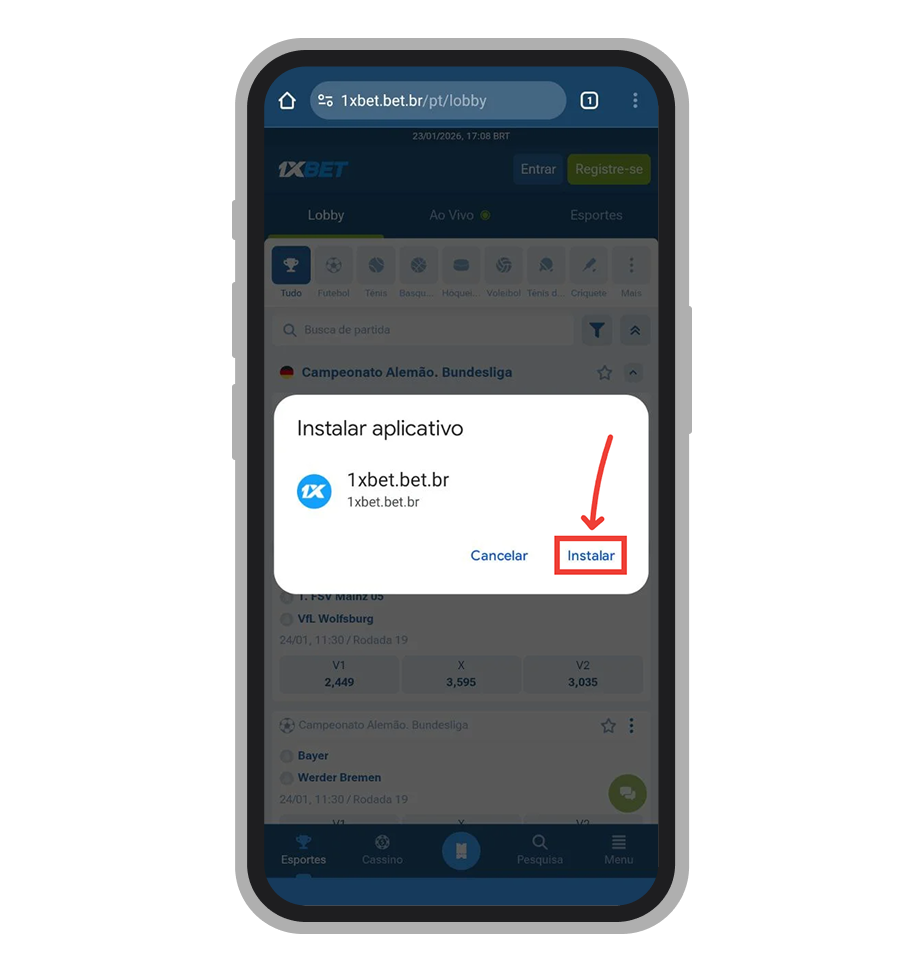 Janela de confirmação para instalar o aplicativo PWA da 1xBet no Android