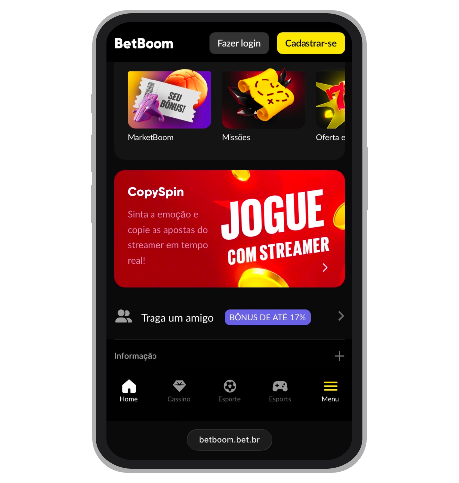 Barra de navegação e categorias da BetBoom