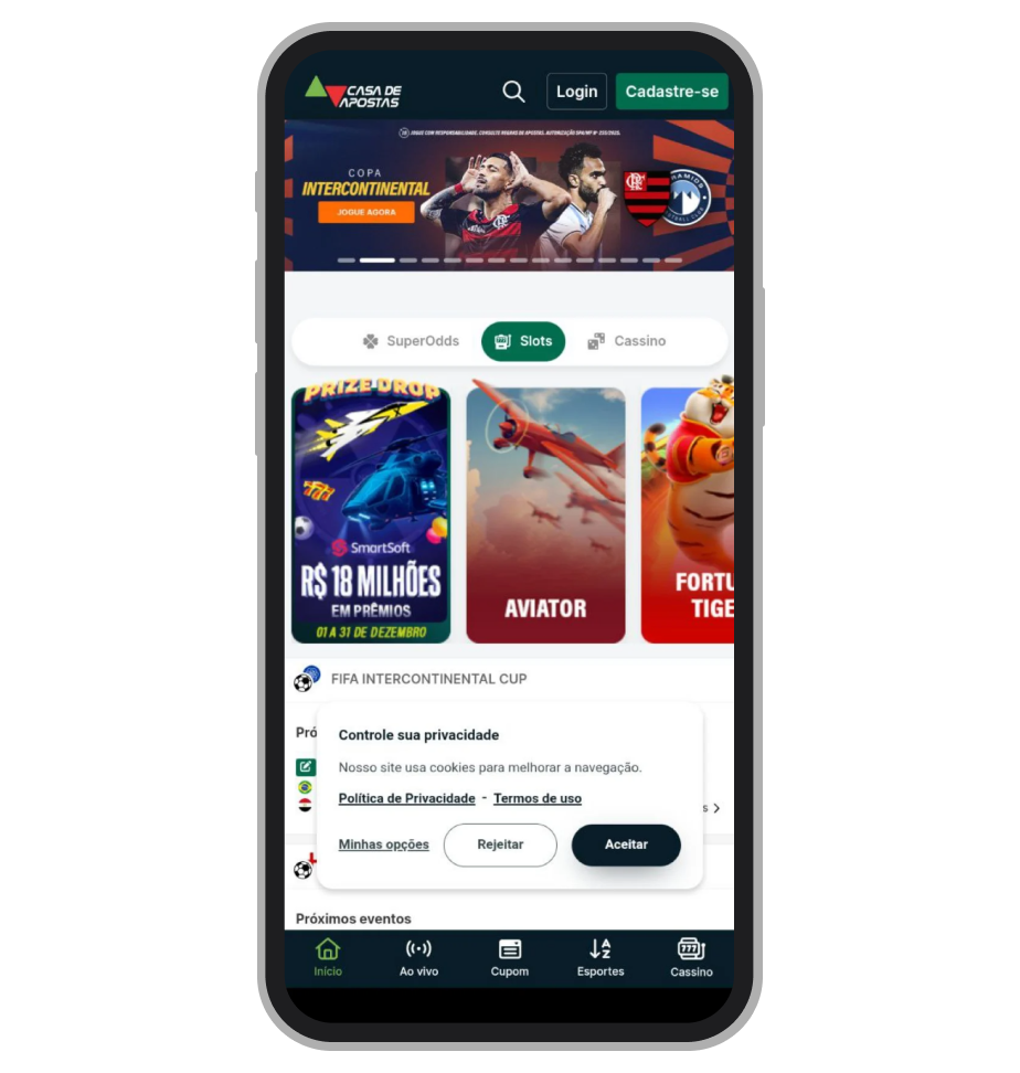Tela inicial do aplicativo Casa de Apostas