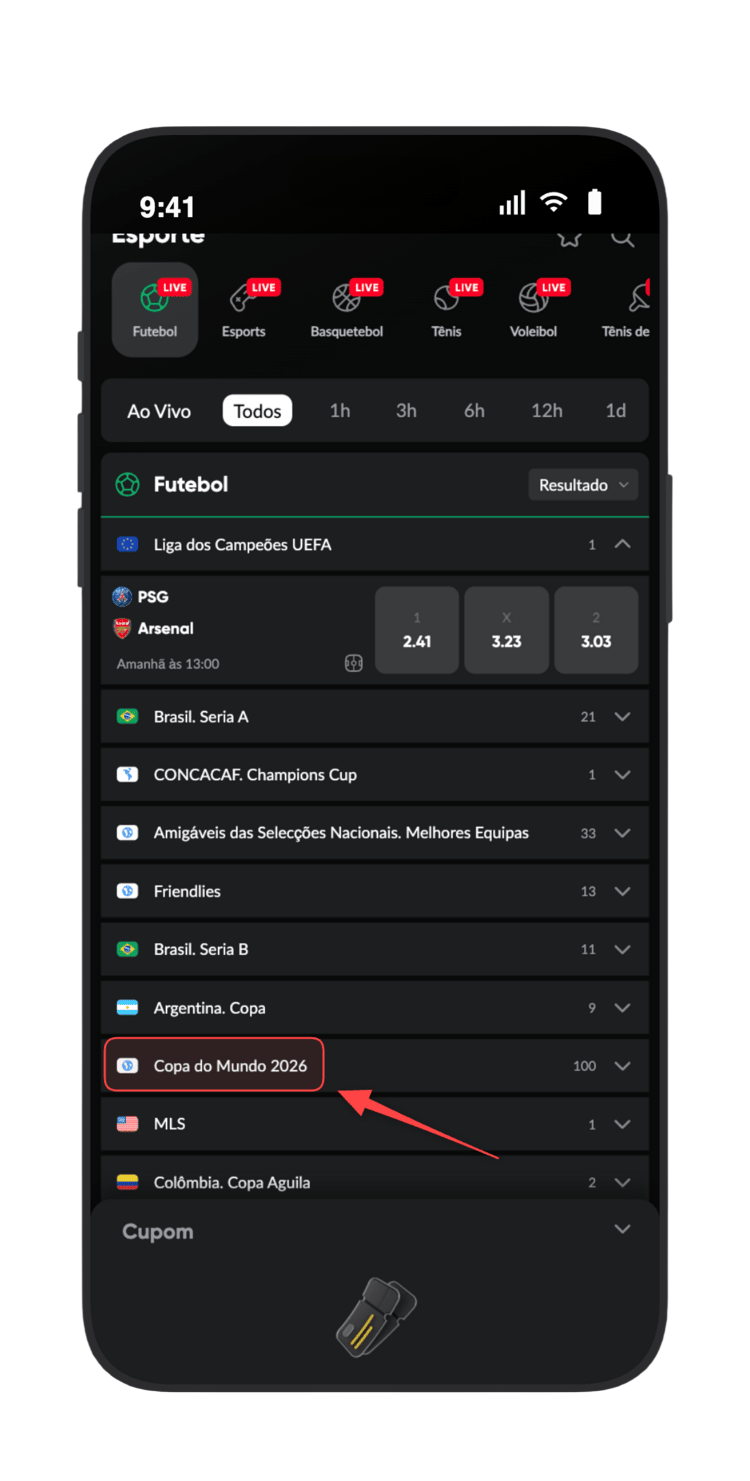 Toque em Copa do Mundo 2026 na seção Futebol do app BetBoom para ver os jogos e odds