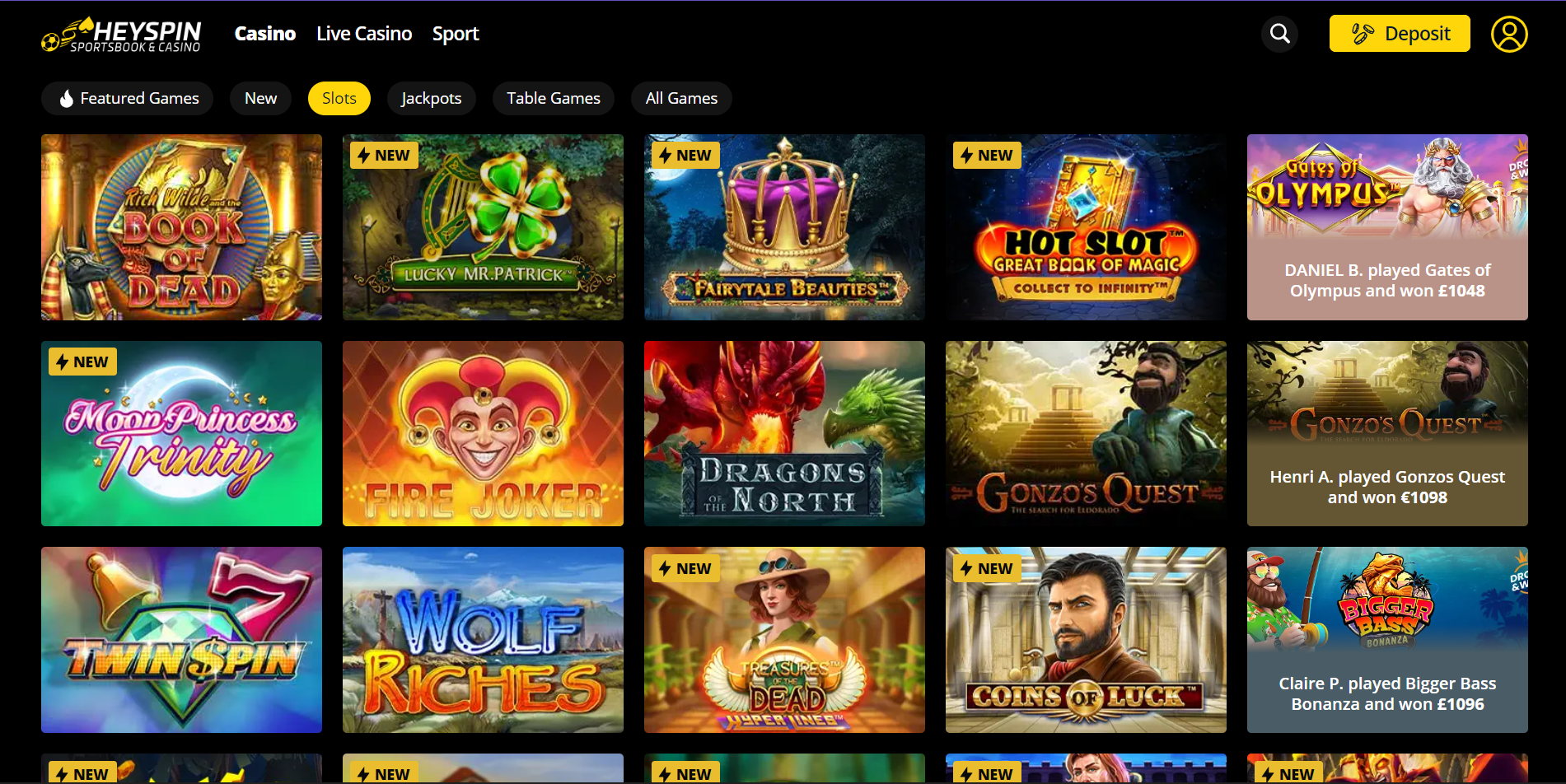 HeySpin Casino slots page.