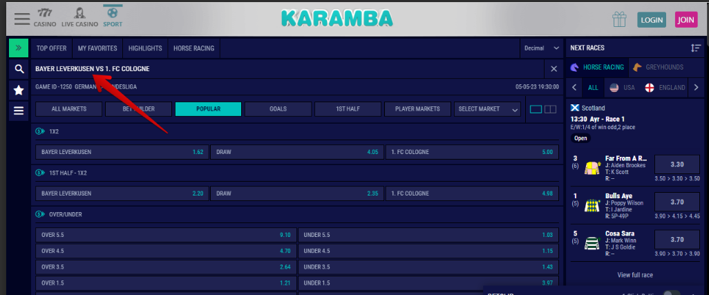 How to place a bet through Karamba