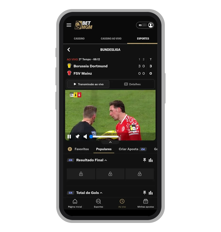 Transmissão ao vivo no aplicativo BetMGM