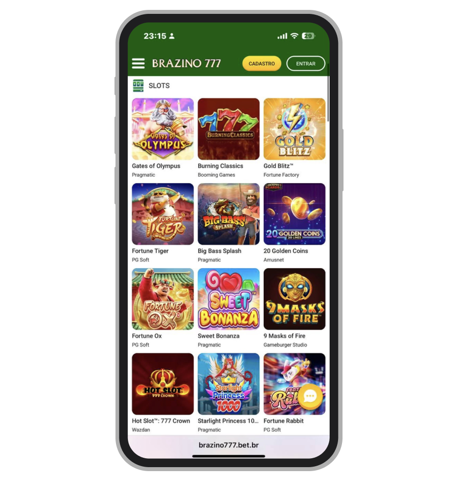 A seção de slots no site móvel do cassino da Brazino777