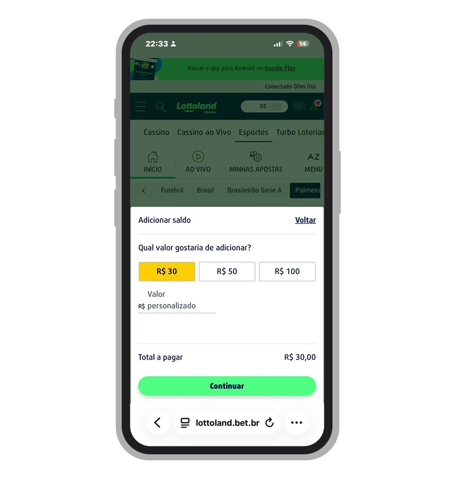 Tela de depósito na Lottoland com valores sugeridos de R$ 30, R$ 50 e R$ 100
