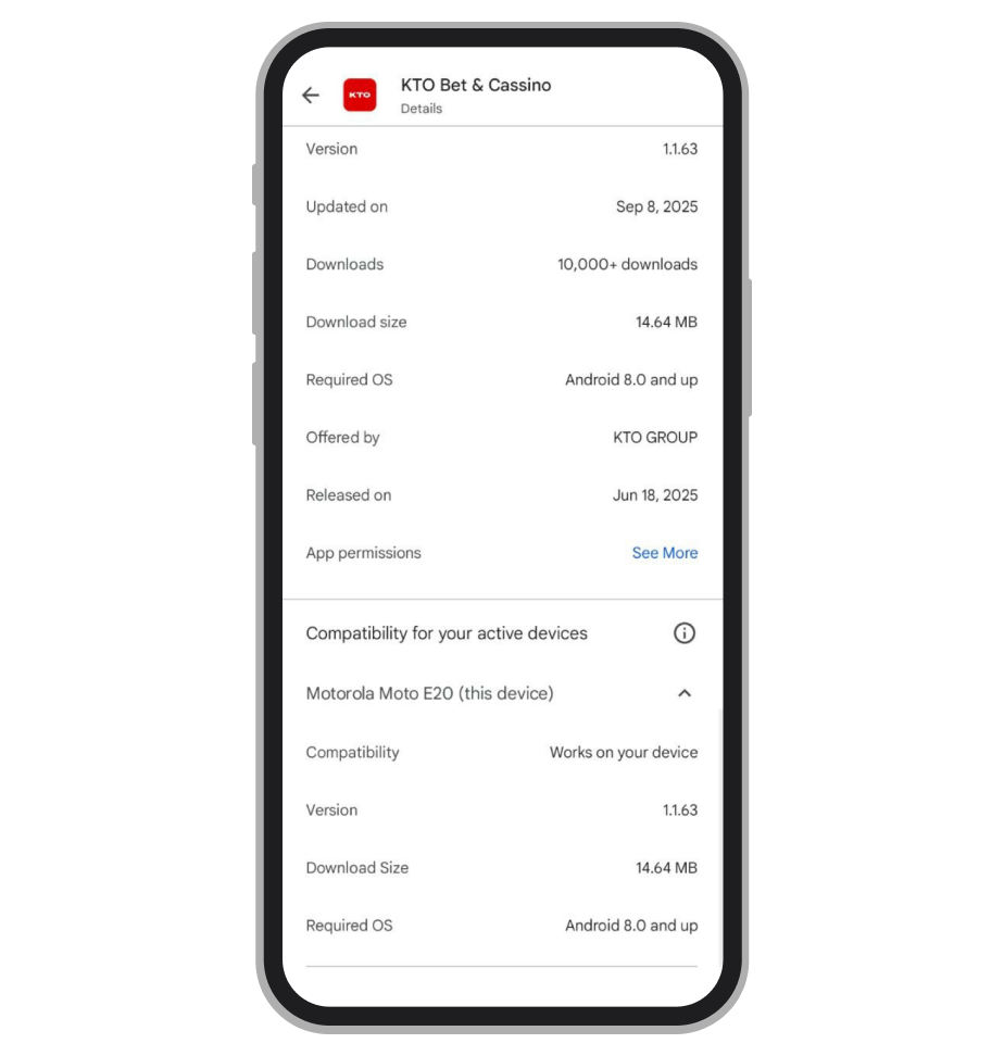 Requisitos do app KTO na Google Play 