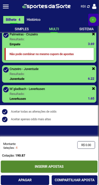 Escolha o tipo de aposta, coloque montante e clique em “Inserir apostas”