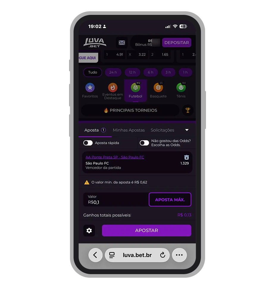 Valor mínimo possivel de aposta na plataforma Luva.bet