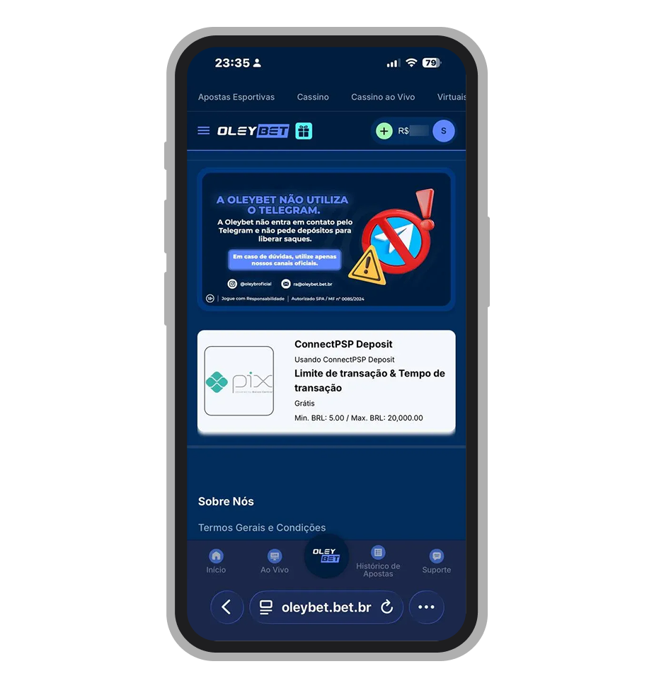 Tela de depósito na OleyBet via Pix pelo provedor ConnectPSP com limite mínimo de R$ 5