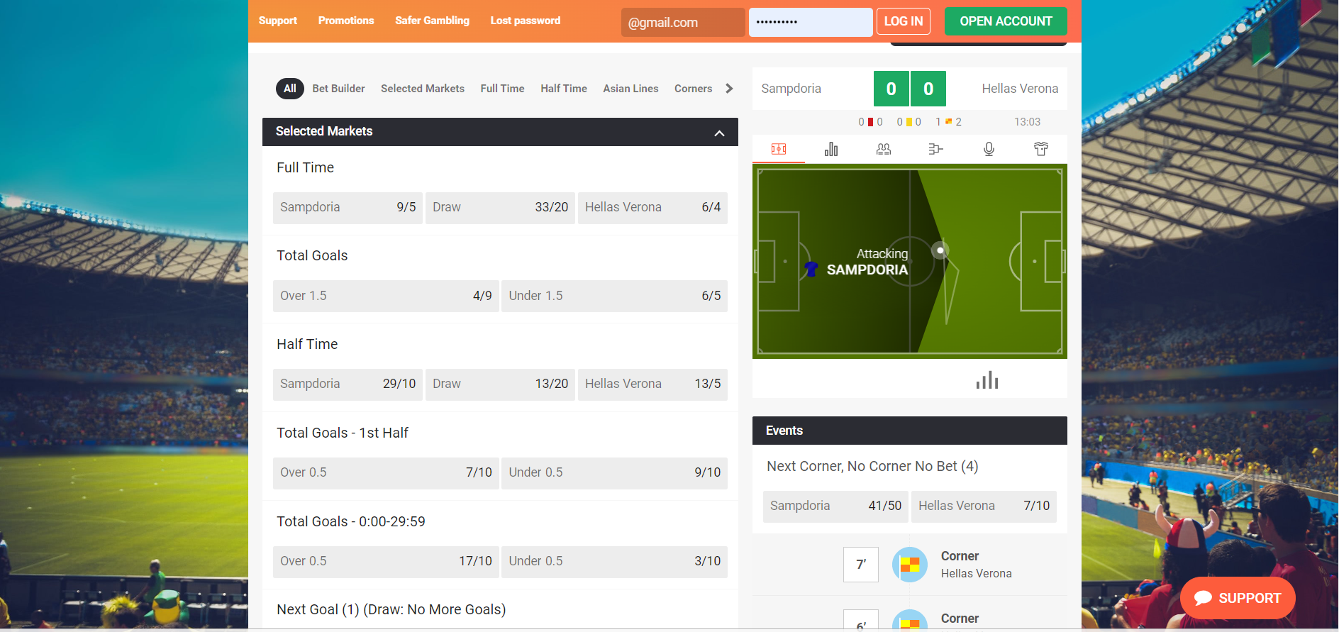 Live betting page