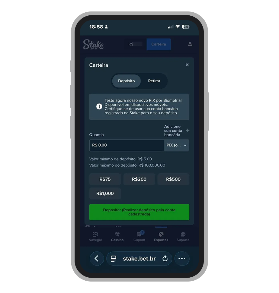 Depósito na Stake com QR Code Pix e campo de valor mínimo R$ 5