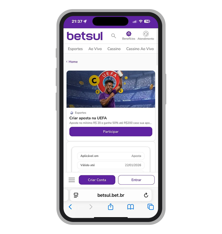 Promoção Criar Aposta na UEFA da Betsul oferecendo reembolso de 50% em apostas múltiplas com odd mínima