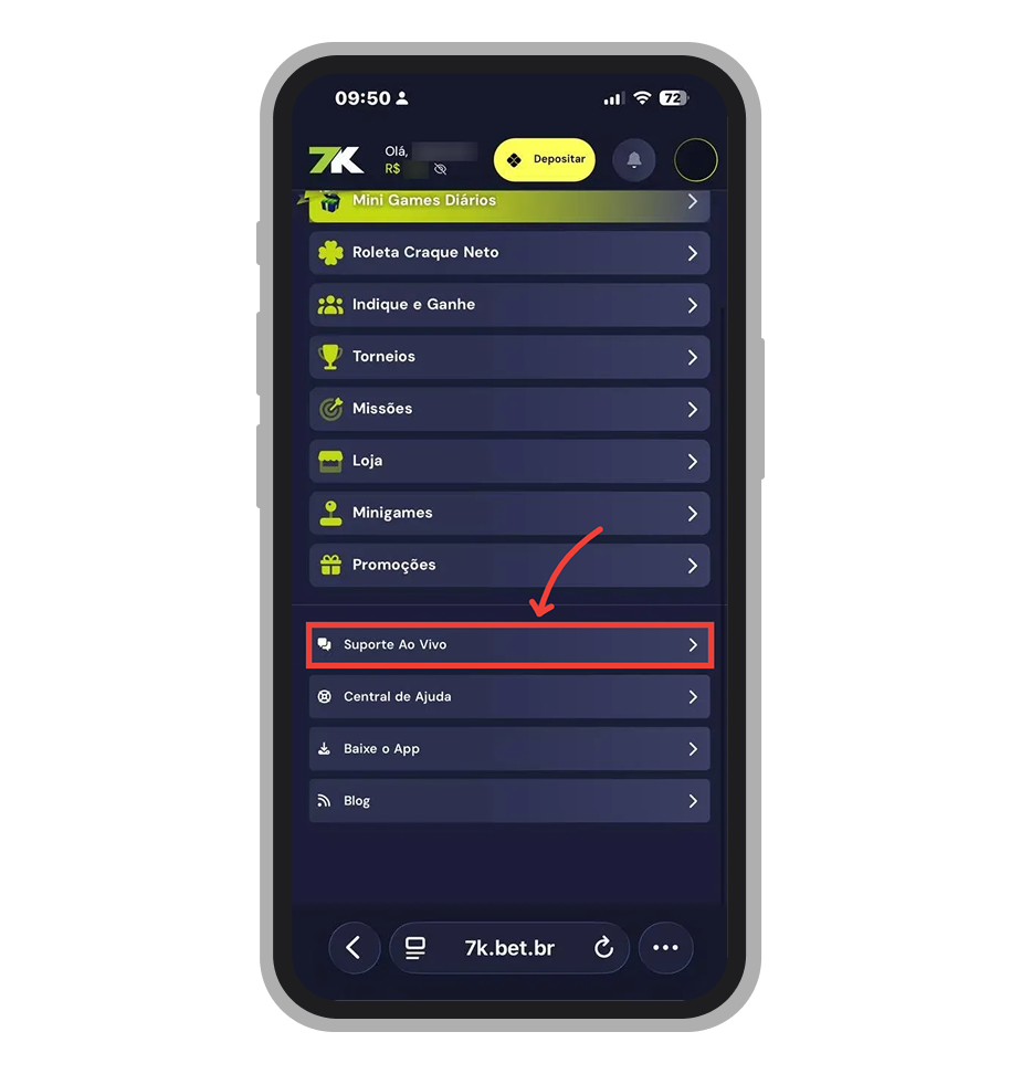 Selecione "Suporte ao vivo"