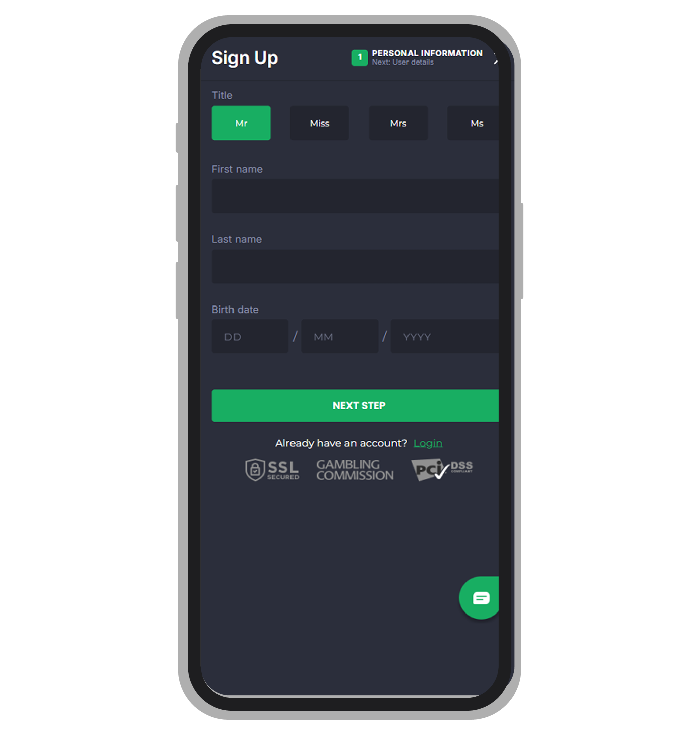 7bet sign-up step 1: title, first and last name and date of birth fields
