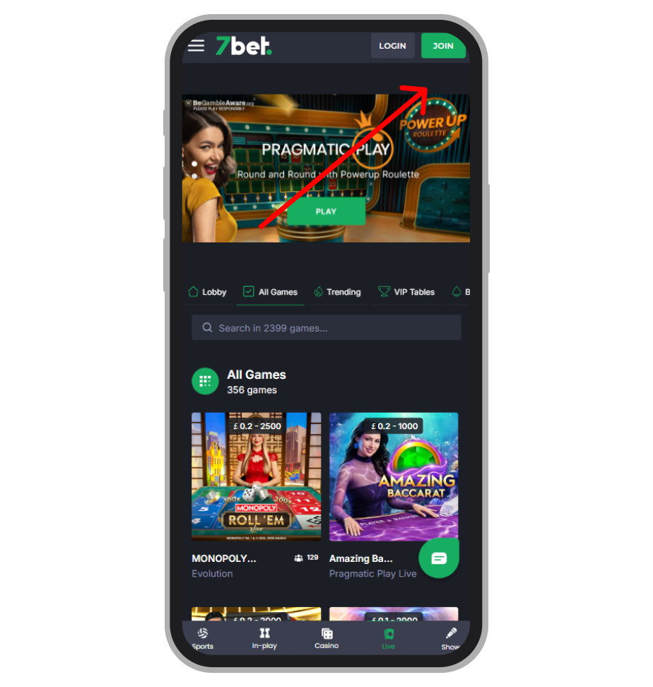 7bet homepage on mobile with the “Join” button