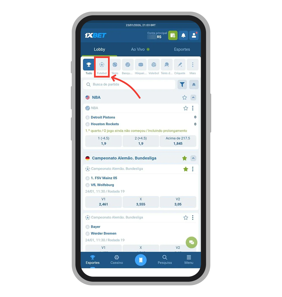 Lobby do aplicativo 1xBet no celular com lista de esportes e campeonatos