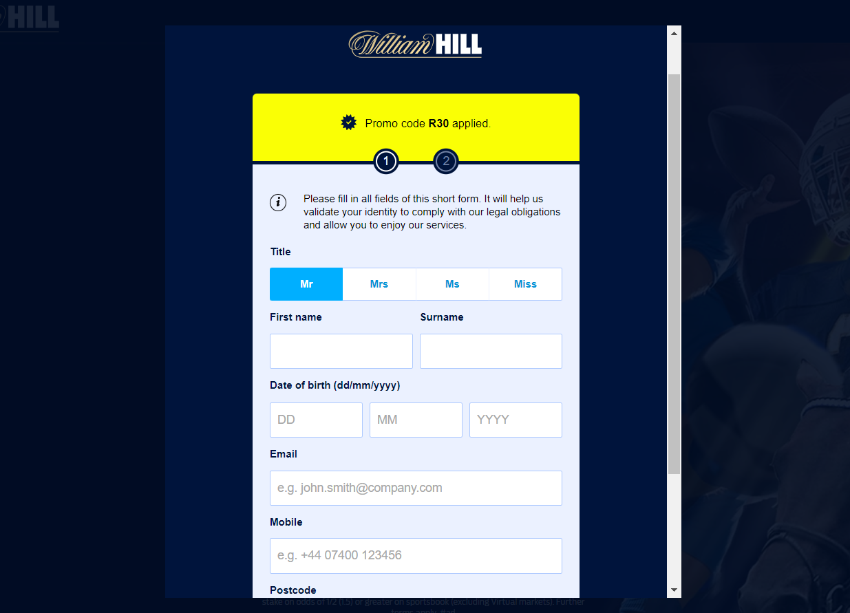 William Hill registration personal info