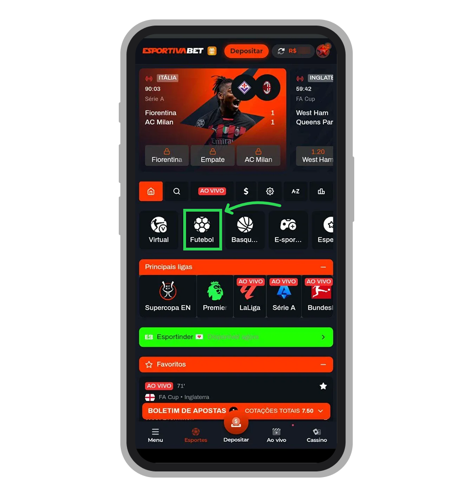 Escolha um dos esportes no menu deslizante 