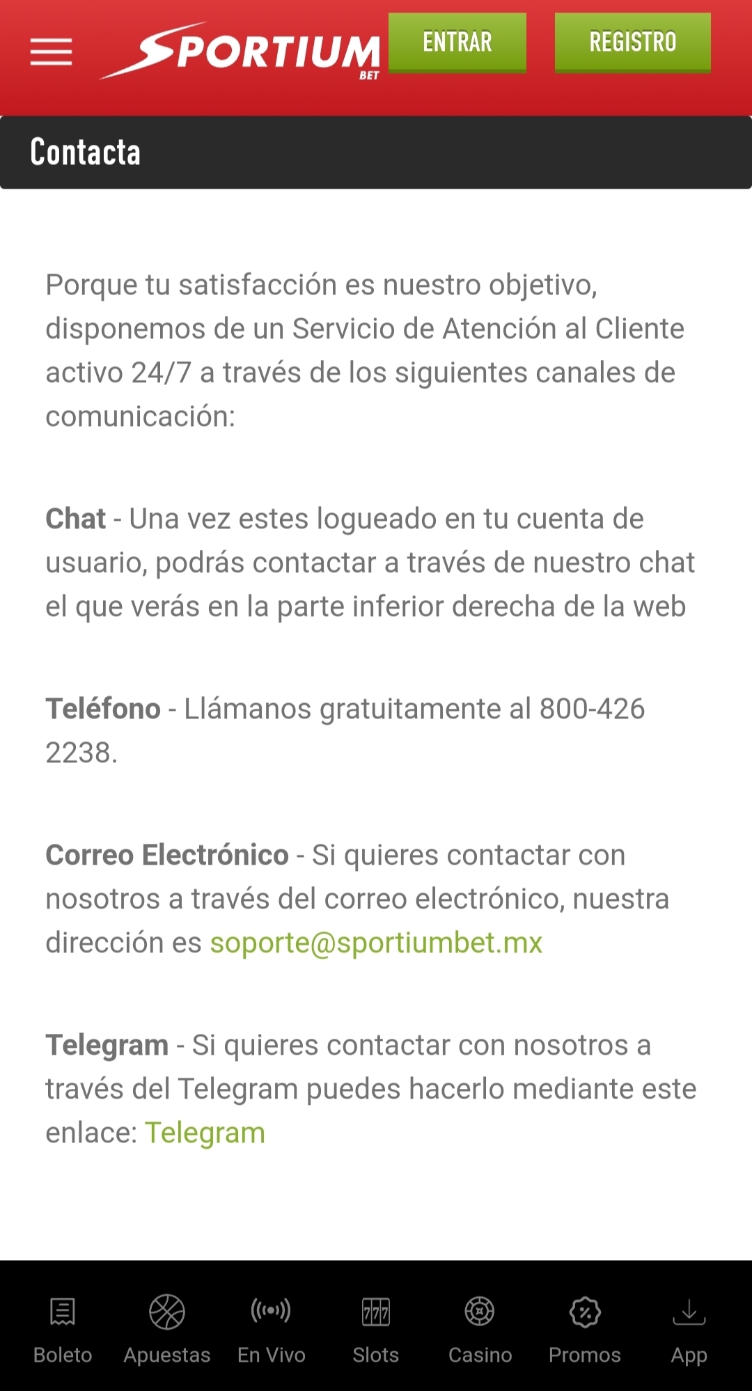 Sección de ayuda, canales de contacto