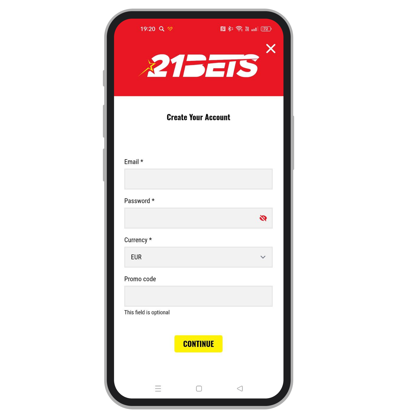 Регистрационная форма на 21Bet