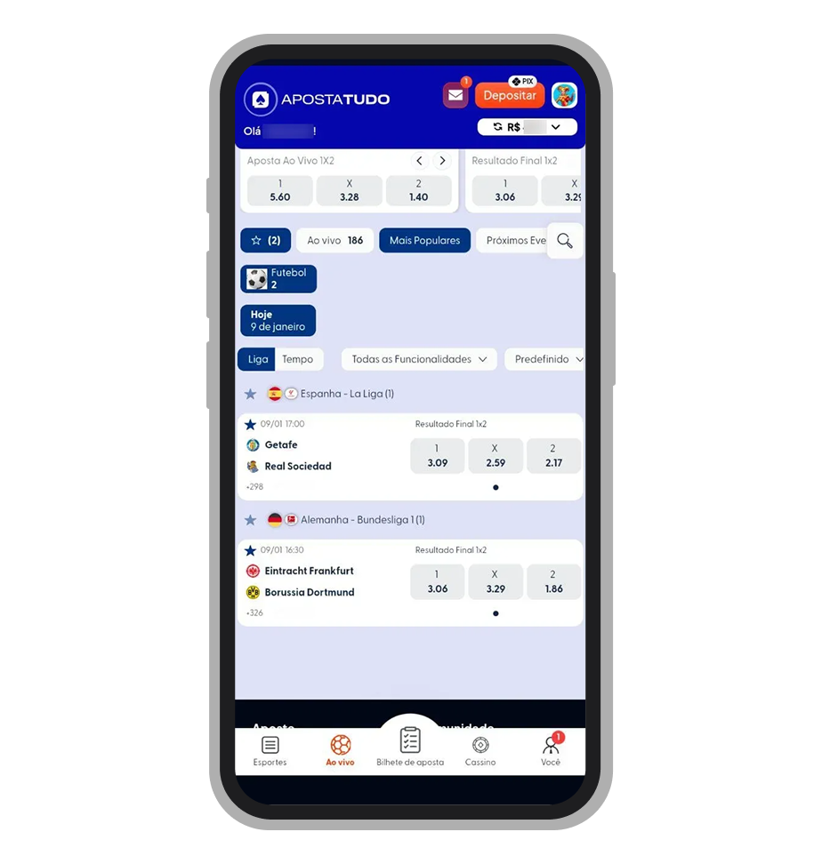 Tela de eventos ao vivo no Apostatudo com opção de favoritar partida