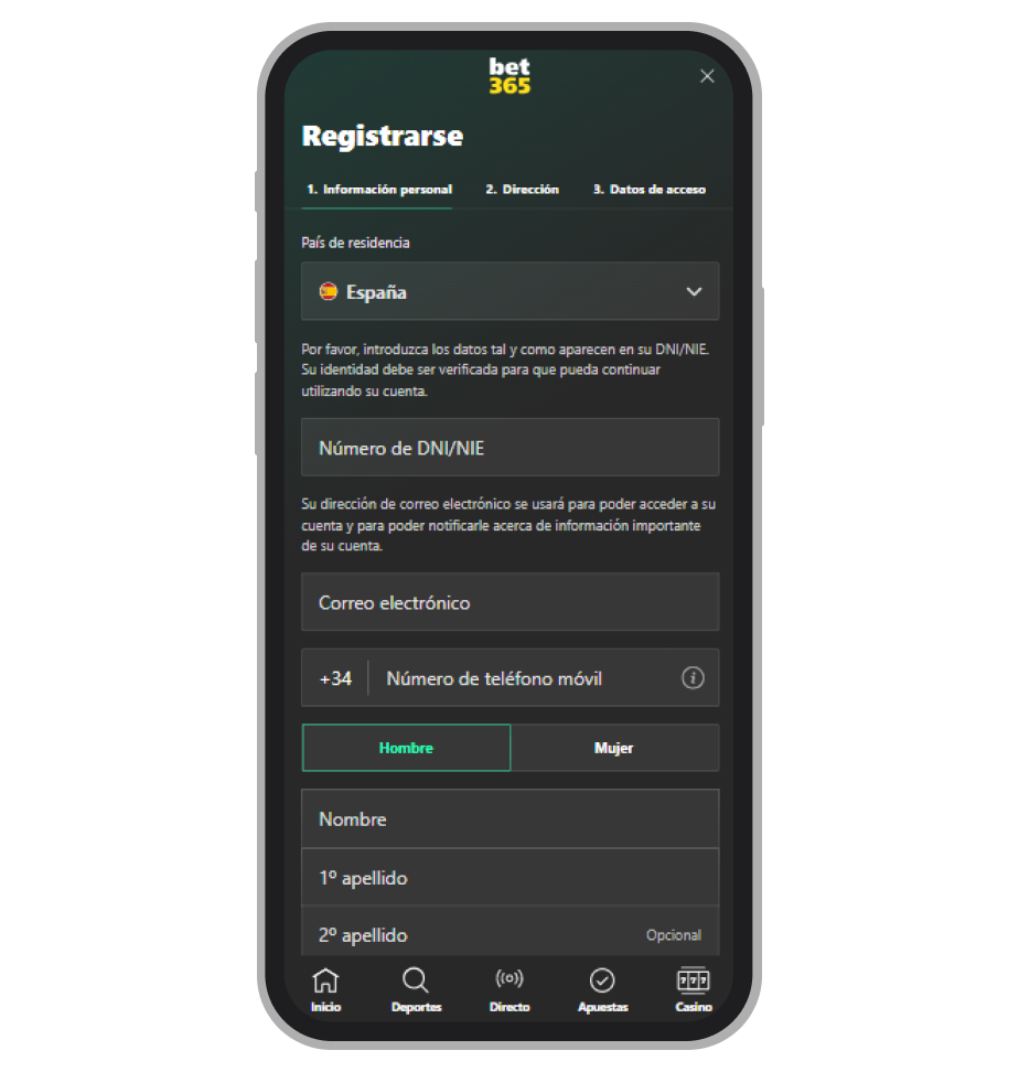 Inicio de registro en Bet365