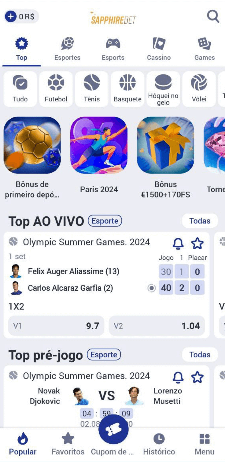 A tela inicial do aplicativo da SapphireBet