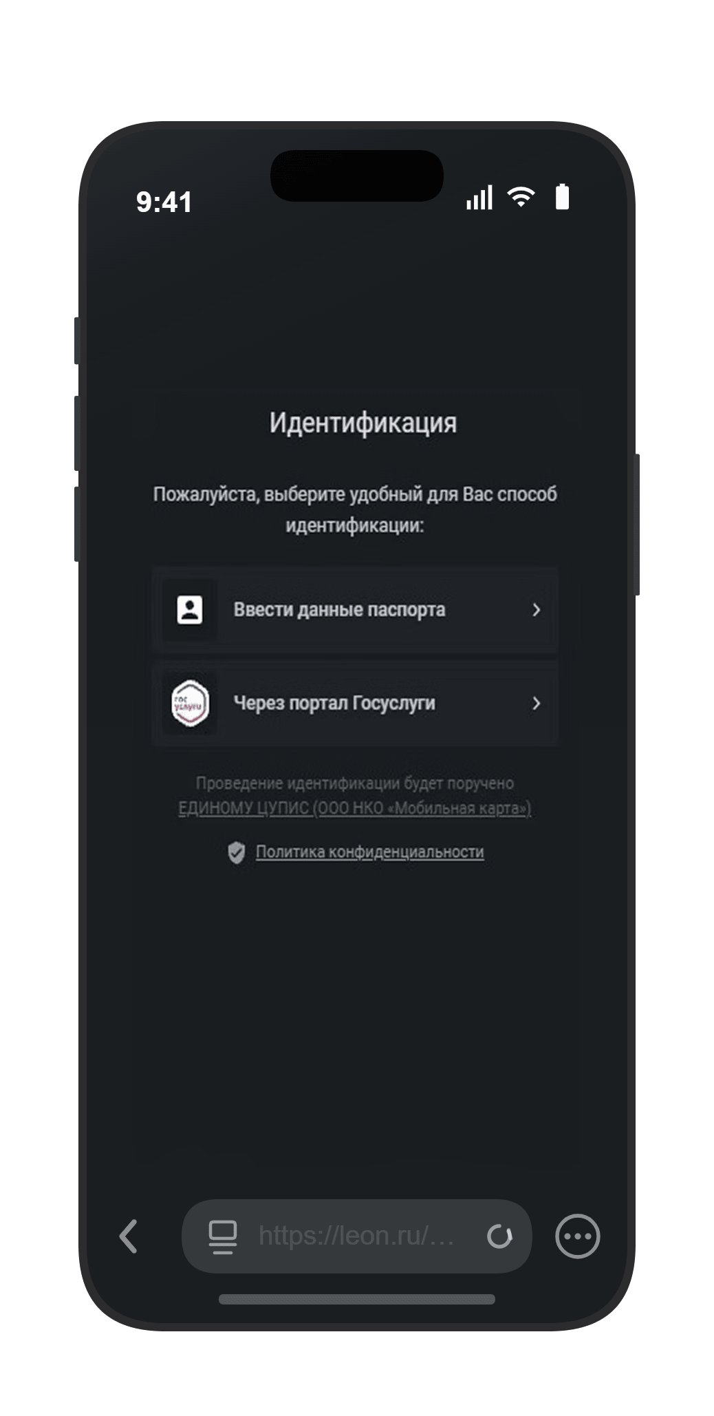 Страница верификации в Leon
