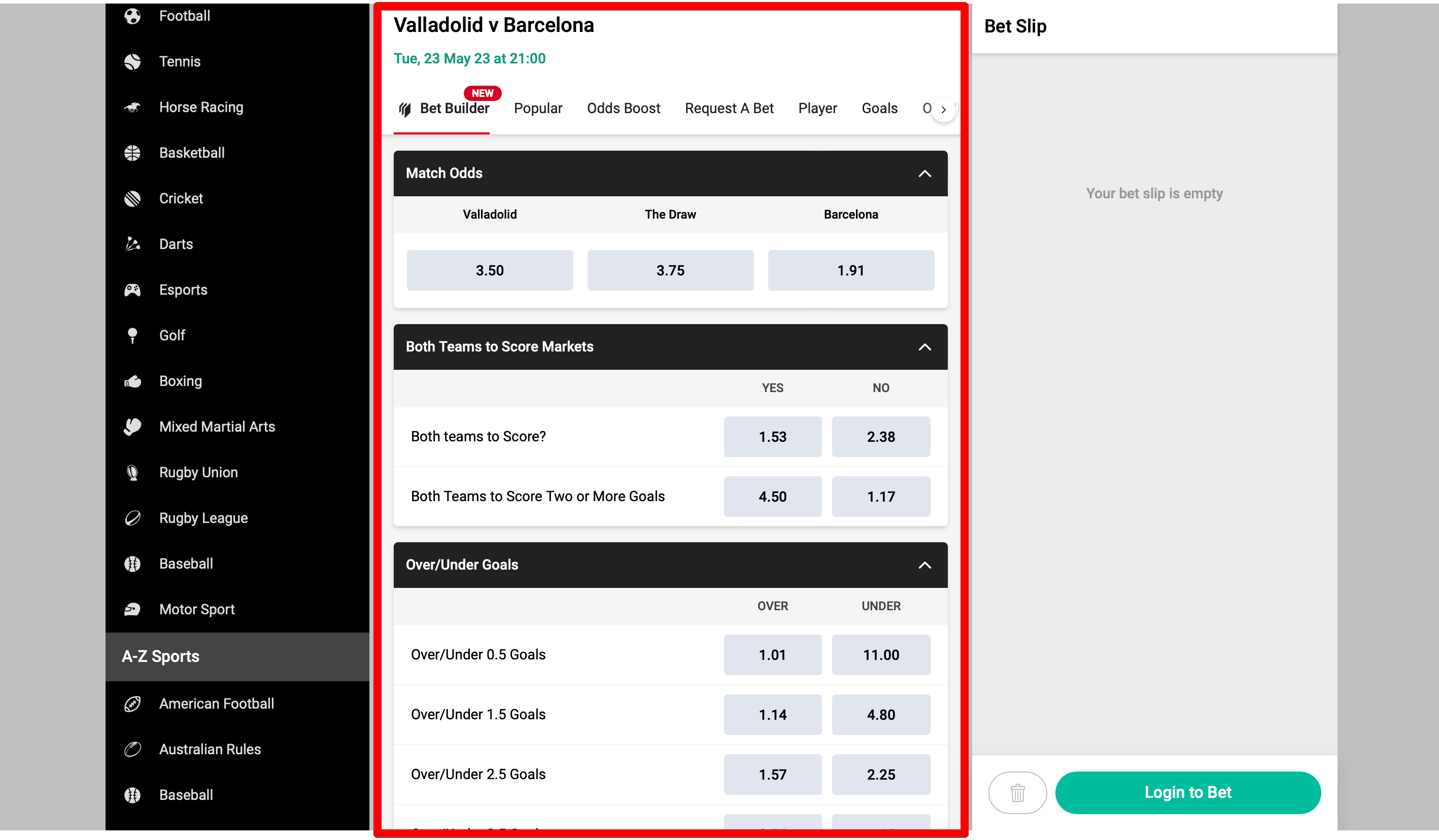 Pick a sport and select betting markets