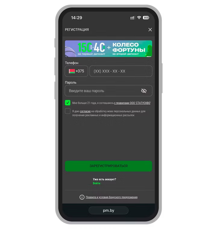 Регистрация в приложении Betera