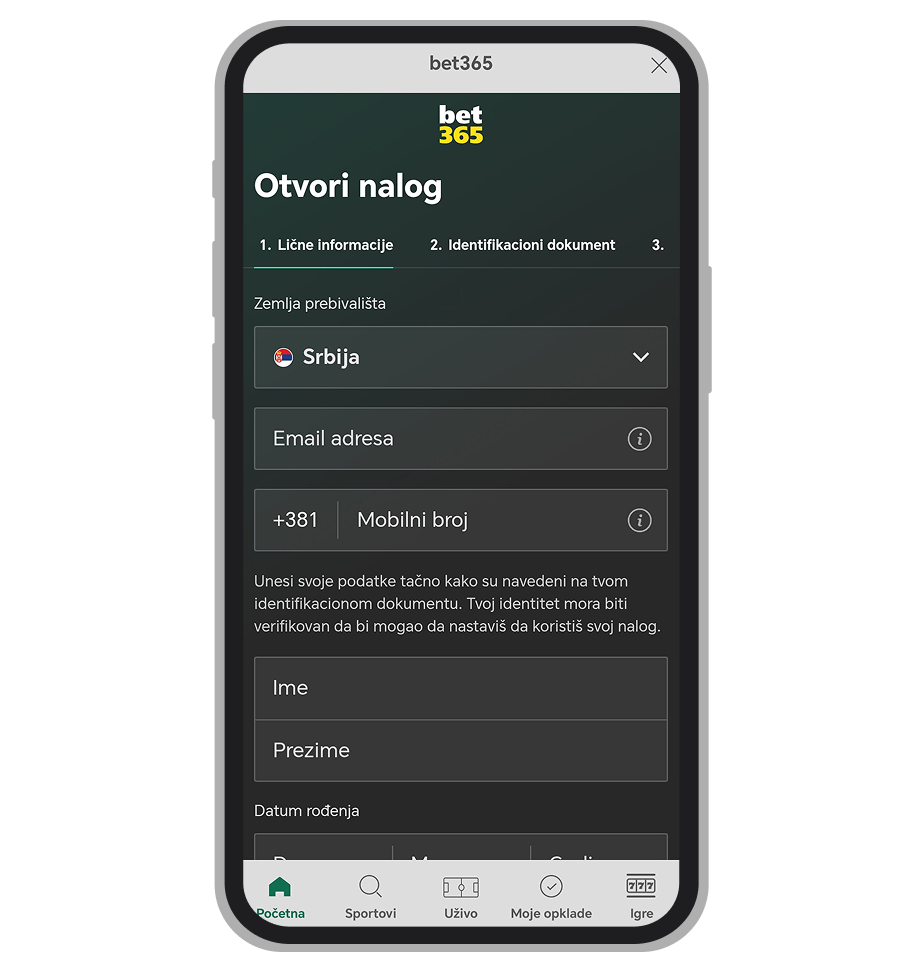 Bet365 podaci za registraciju