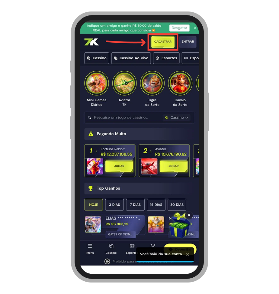 Toque no botão “Cadastrar” na tela inicial