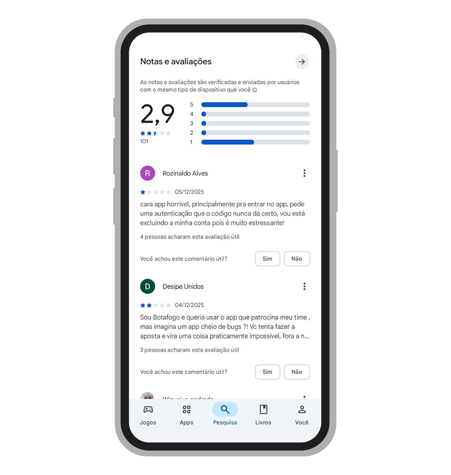 Avaliações de usuários da Vbet na Play Store da Google
