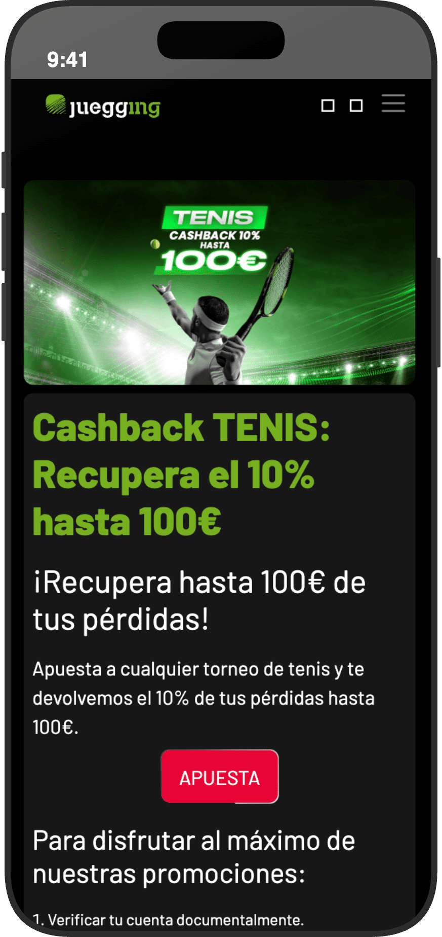 Cashback de Juegging en apuestas de tenis con devolución del 10 por ciento hasta 100 euros