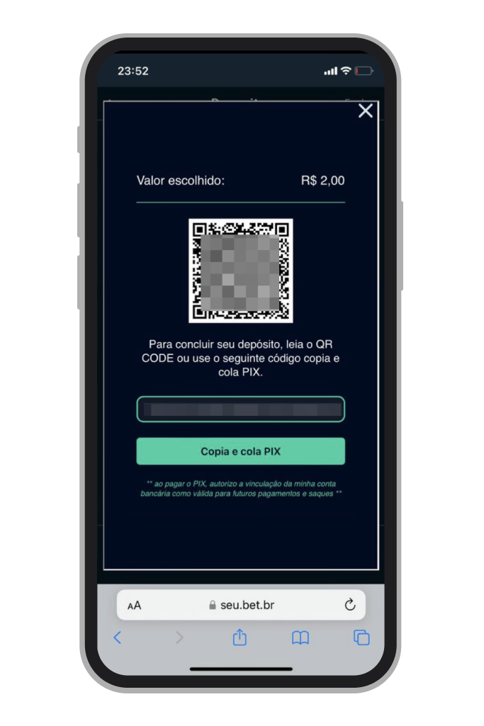 Pode prosseguir com o pagamento usando código QR ou função Copia e Cola