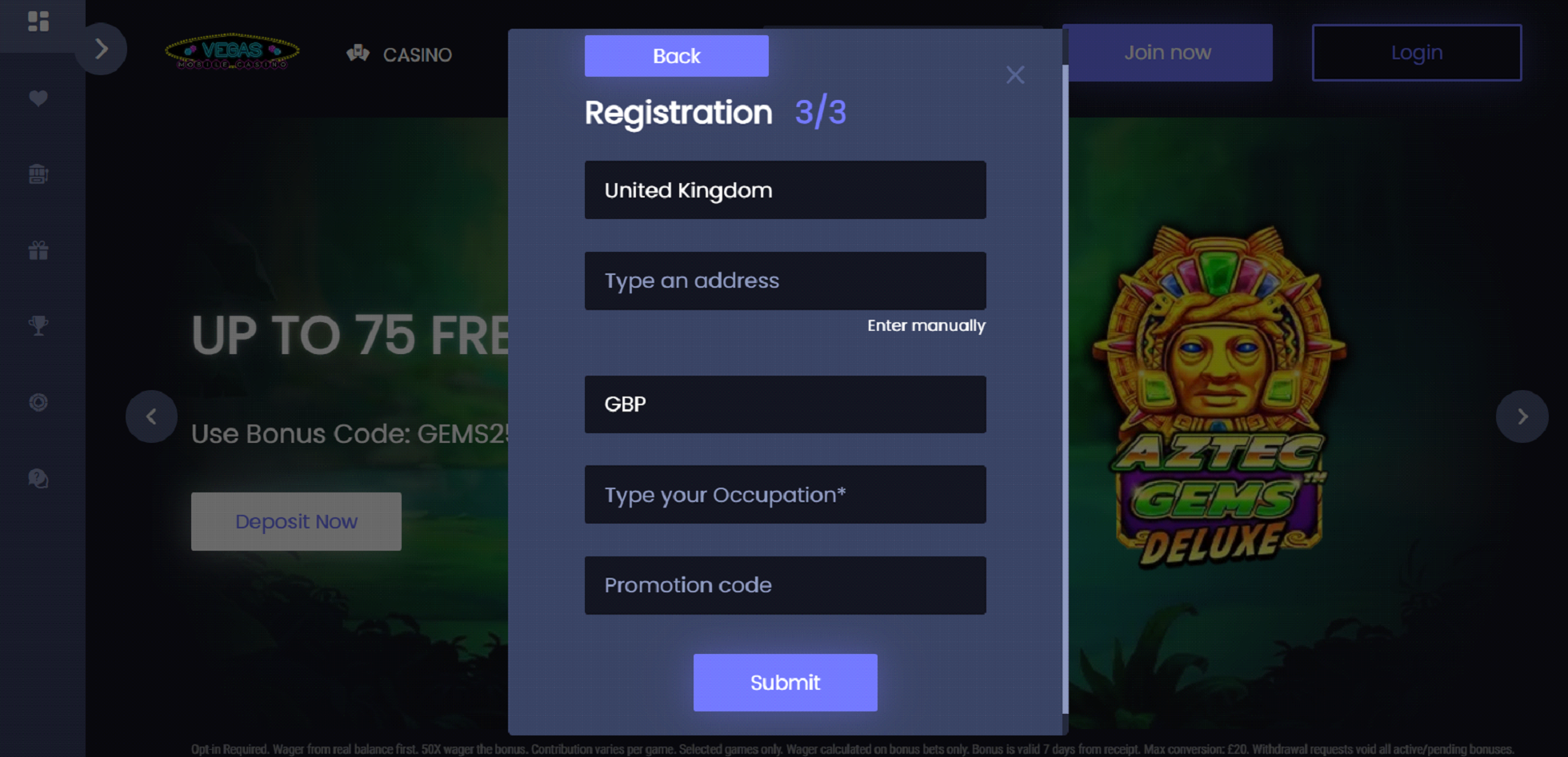 Create an account with Vegas Mobile Casino