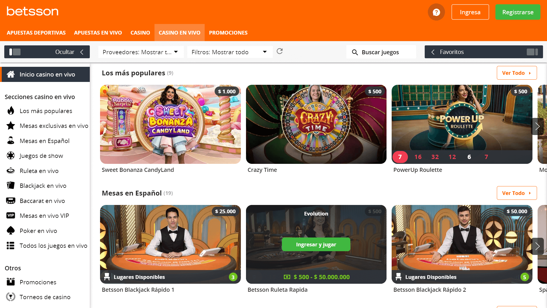 Betsson, sección de casino en vivo