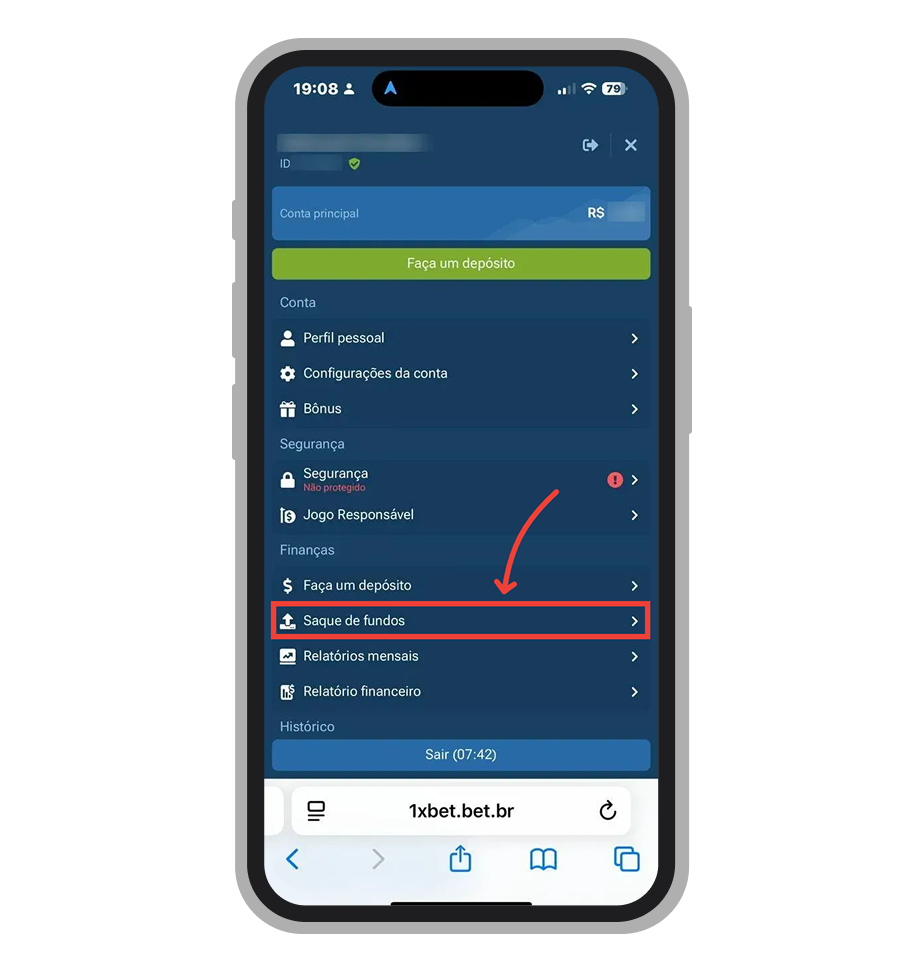 Selecione a opção "Saque de fundos" no menu 