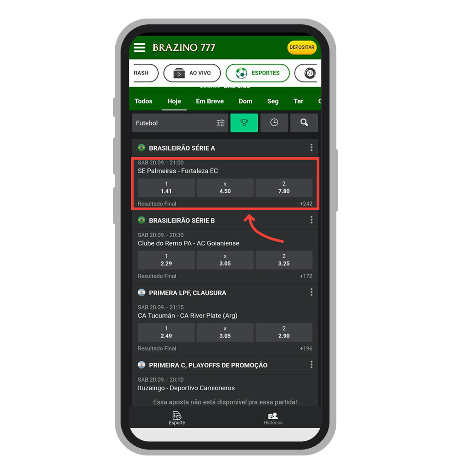 Interface de mercados esportivos da Brazino777 para seleção de eventos