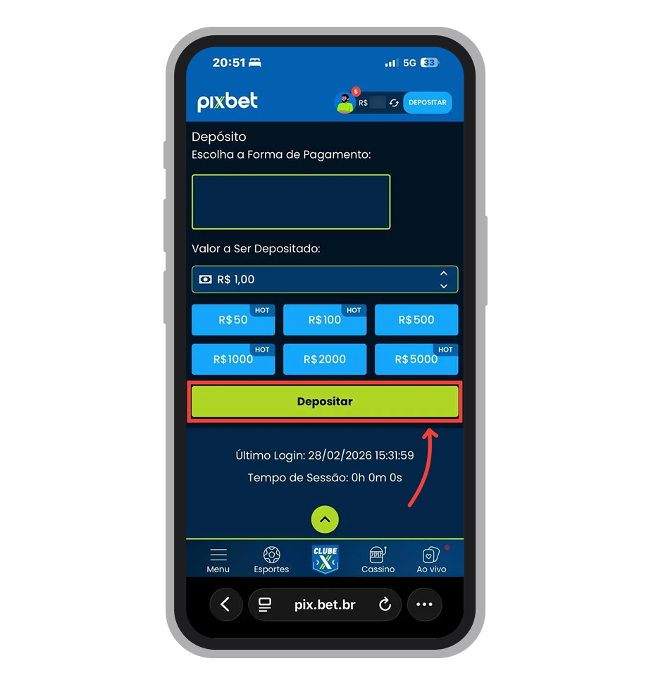 Campo de valor de depósito na Pixbet com mínimo de R$ 1