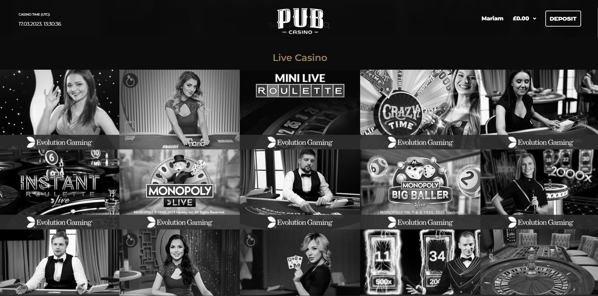PubCasino live casino page