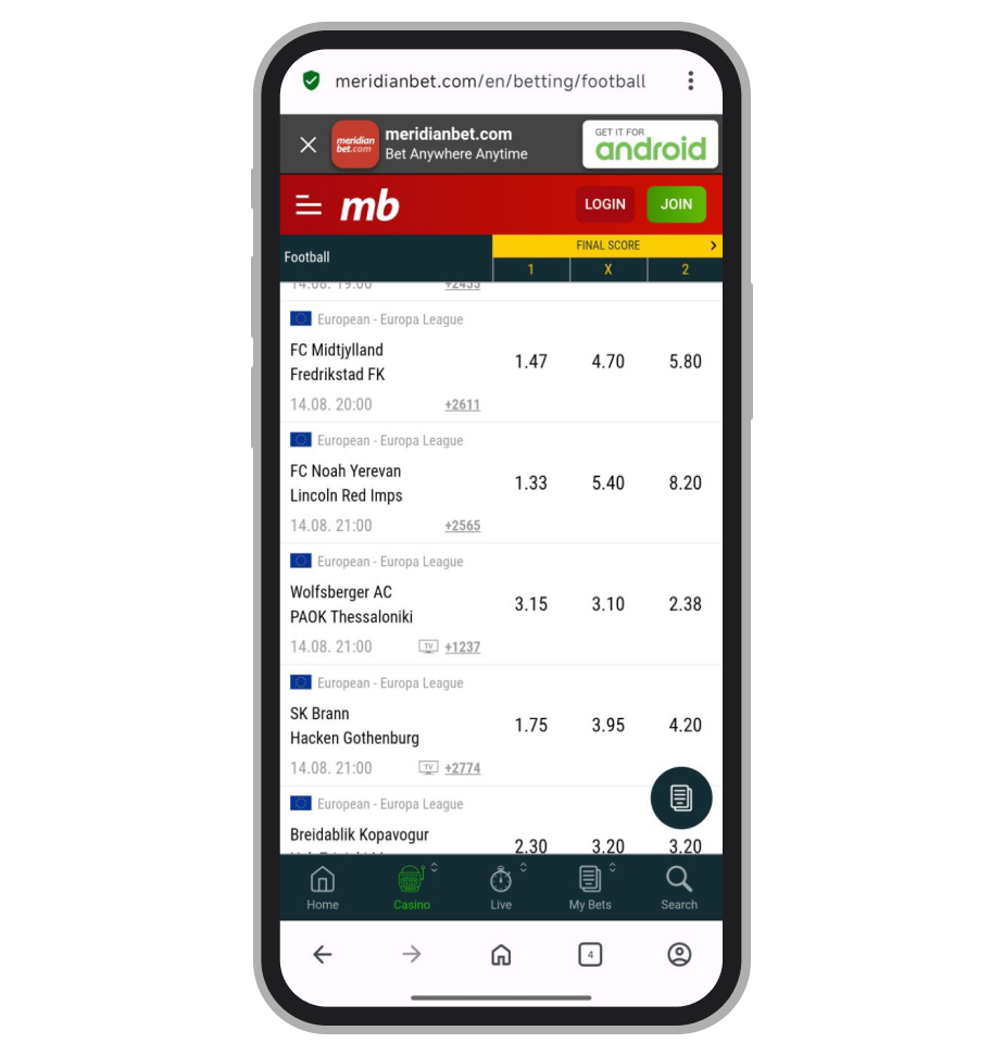 Линия на матч квалификации Лиги чемпионов в Meridianbet