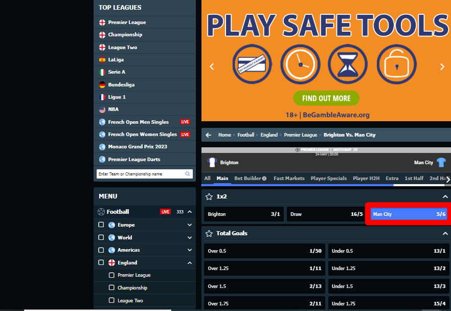 A view of the standard betting page at Stake