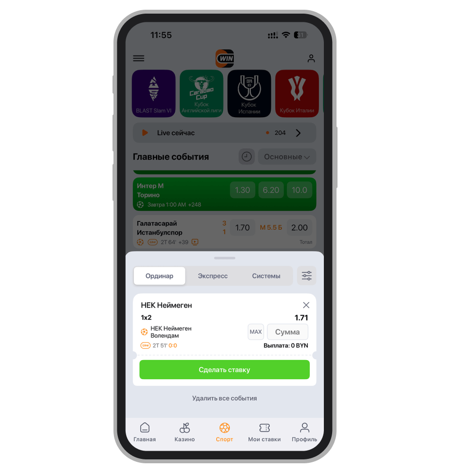 Как сделать ставку в приложении «Винлайн» Айфон