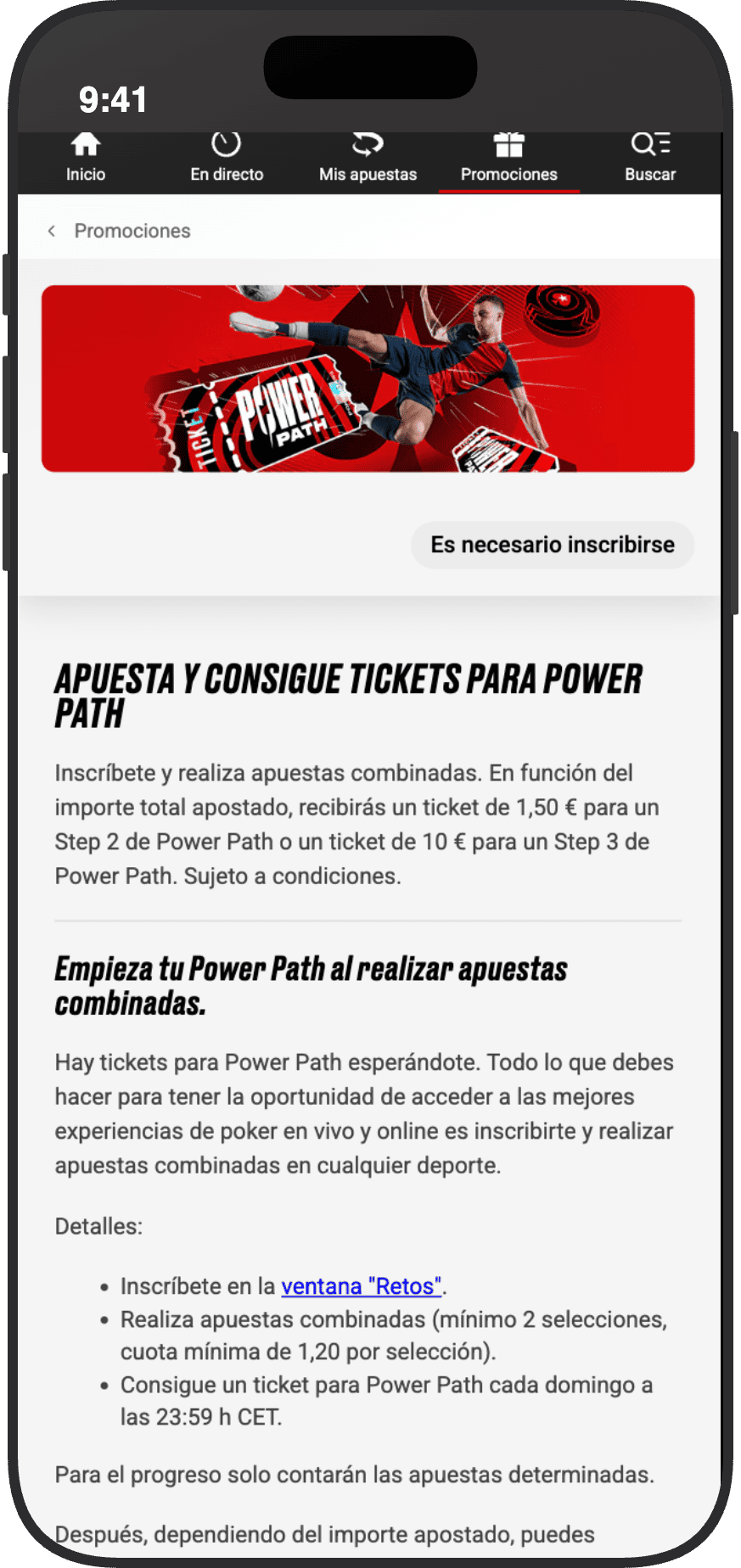 Detalles de la promoción «Power Path» de Pokerstars: apuestas combinadas con un mínimo de 2 selecciones y una cuota mínima de 1.20 para ganar entradas