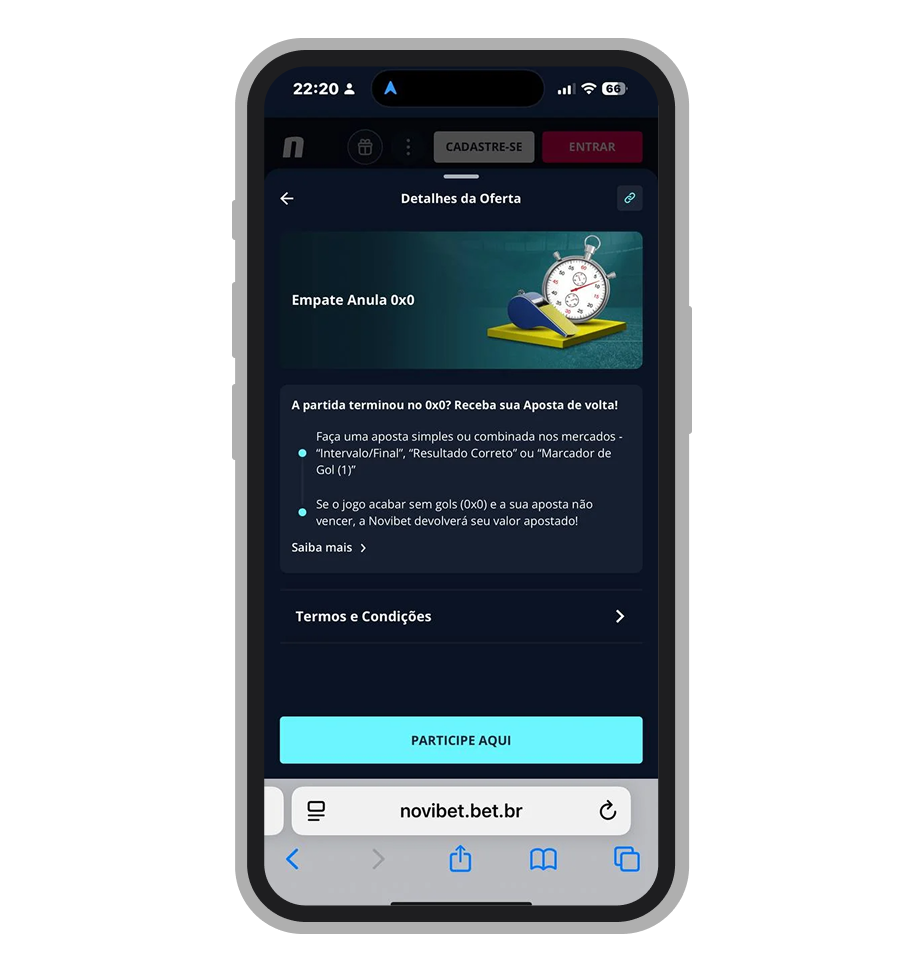 A funcionalidade Empate Anula no site móvel da Novibet