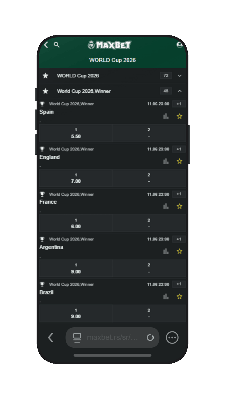 Glavna strana MaxBet — pretraga reprezentacija