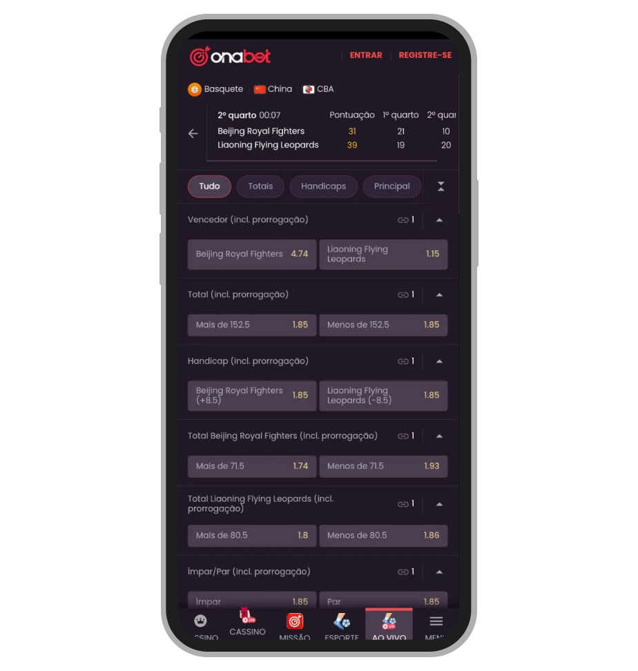 Detalhe do evento ao vivo com mercados e placar