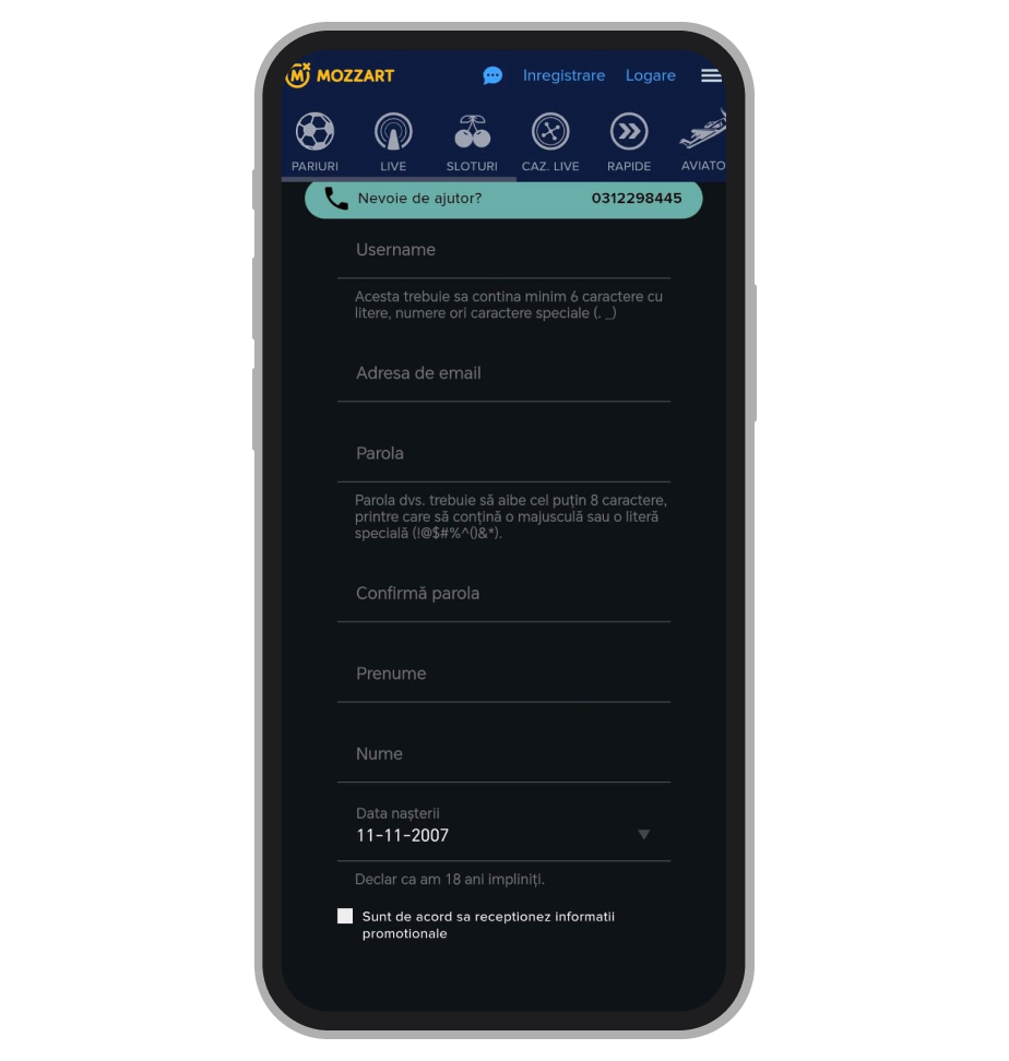 Formularul de înregistrare Mozzart