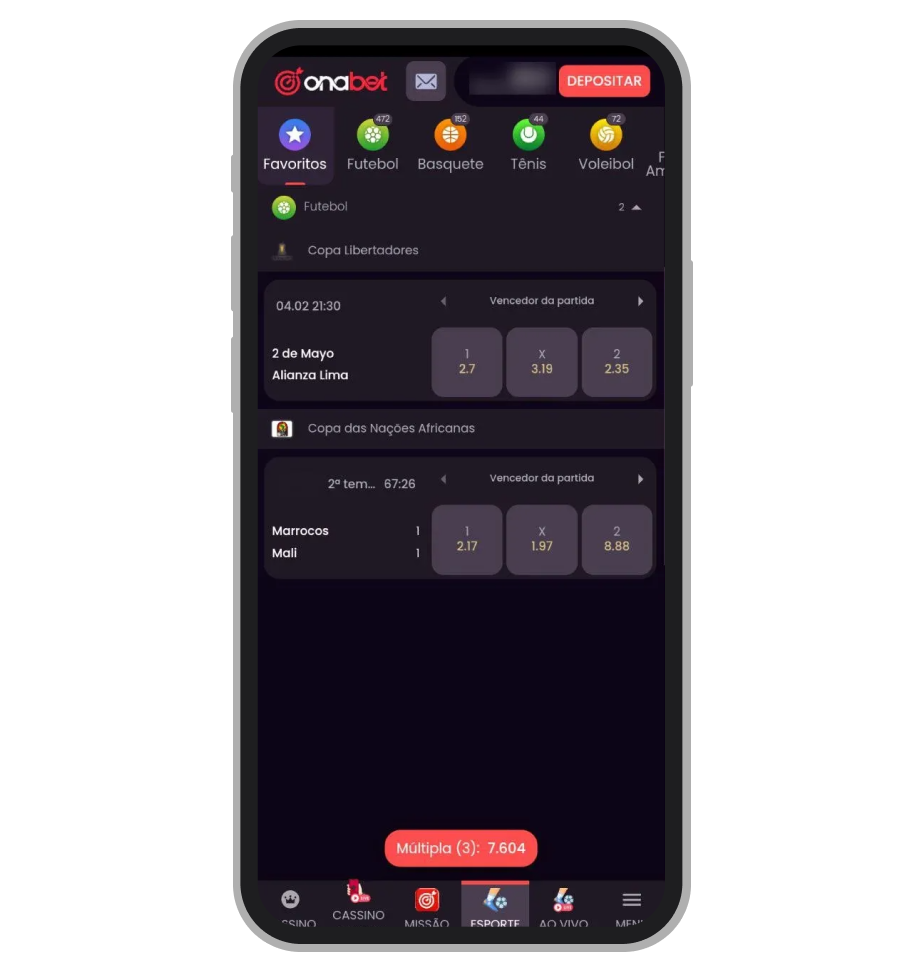 Área de “Favoritos” reunindo eventos de diferentes competições